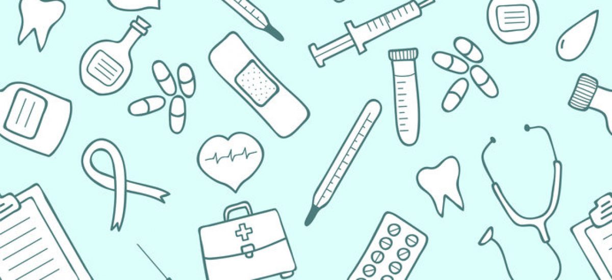 Doodle medical seamless pattern. Set of medicine icons. Vector illustration