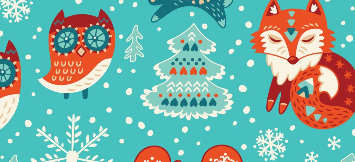 Cartoon christmas seamless pattern with santa, fox, deer, yeti, cute owl and other elements. Seamless pattern can be used for wallpapers, web page backgrounds. Vector illustration
