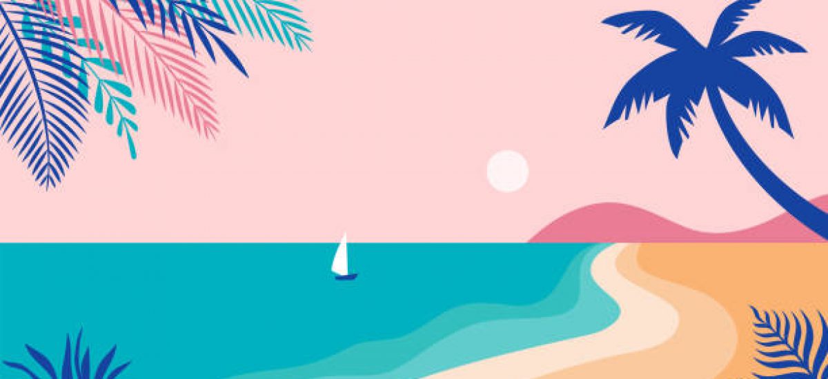 Summer time fun concept design. Creative background of landscape, sunny panorama of sea and beach. Summer sale, post template. Vector illustration